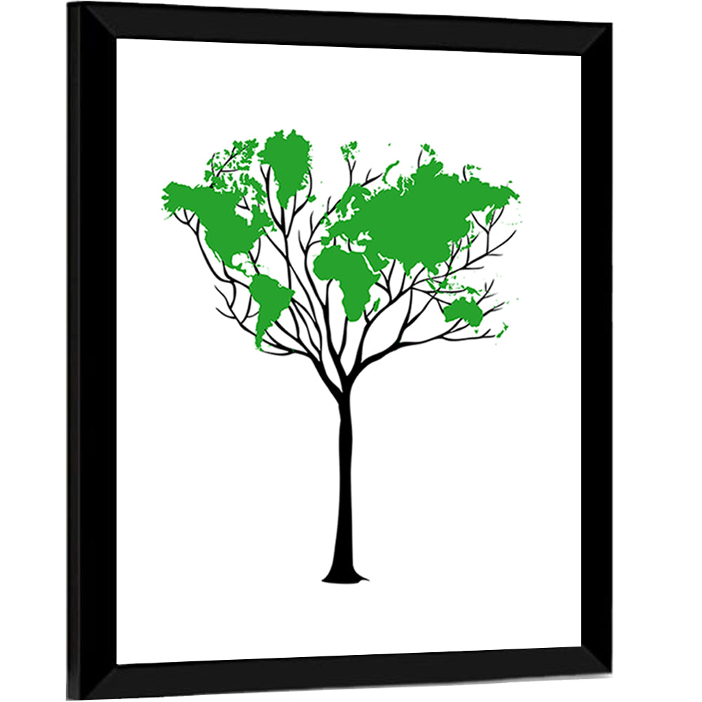 World Map Tree with Green Canopy Wall Art