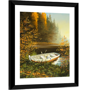 Wooden Boat On Bank Of Lake Wall Art