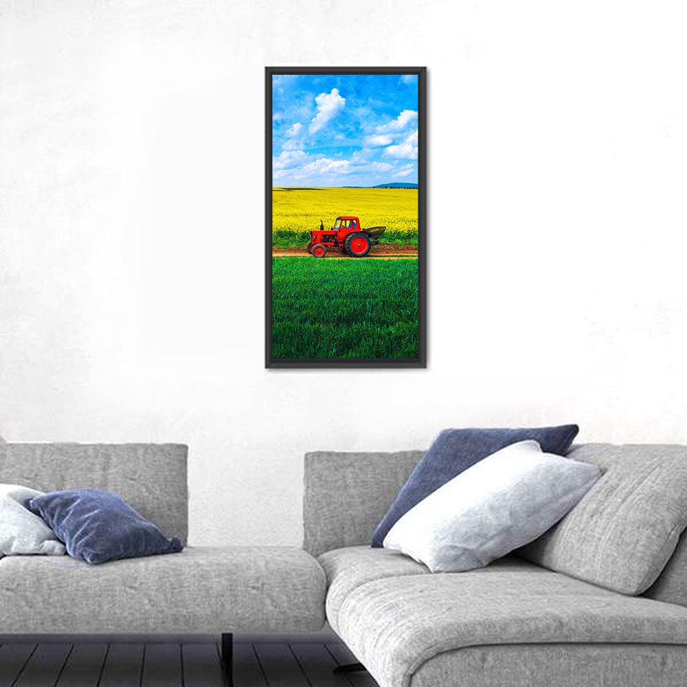 Red Tractor Over Yellow Rapeseed Field Wall Art in a room, portrait