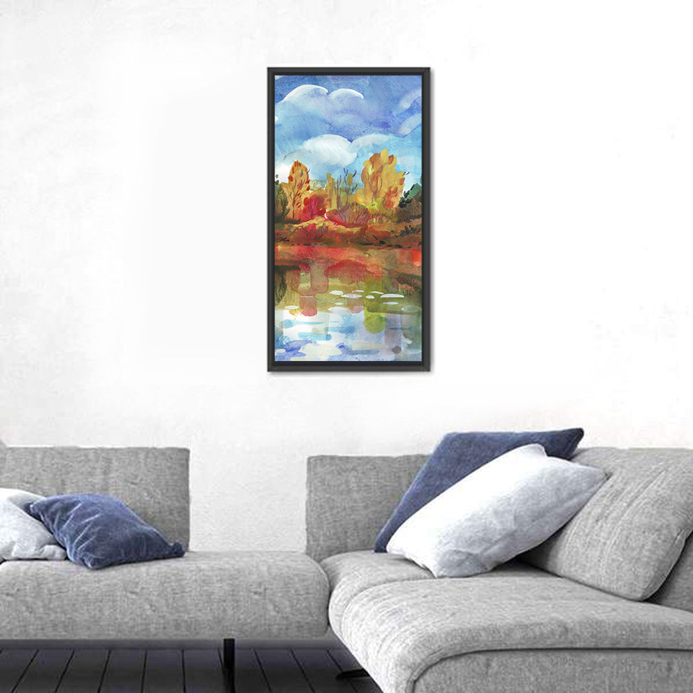 Autumn Lake Reflection Watercolor Wall Art in a room, portrait