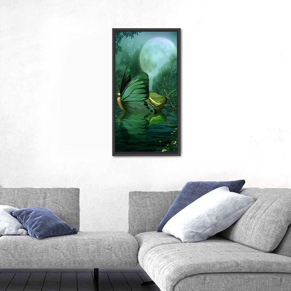 Moonlit Butterfly on Leaf Boat Wall Art in a room, portrait