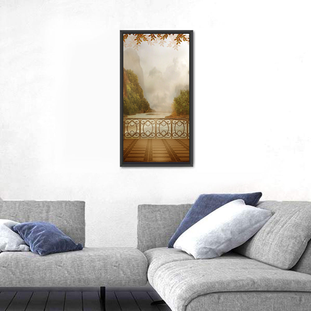 Misty Balcony Over Lake Wall Art in a room, portrait