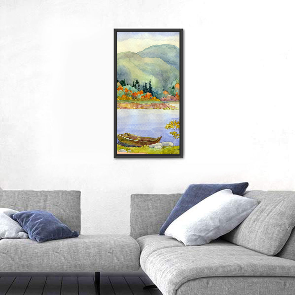 Old Rowboat on Autumn Lake Wall Art in a room, portrait