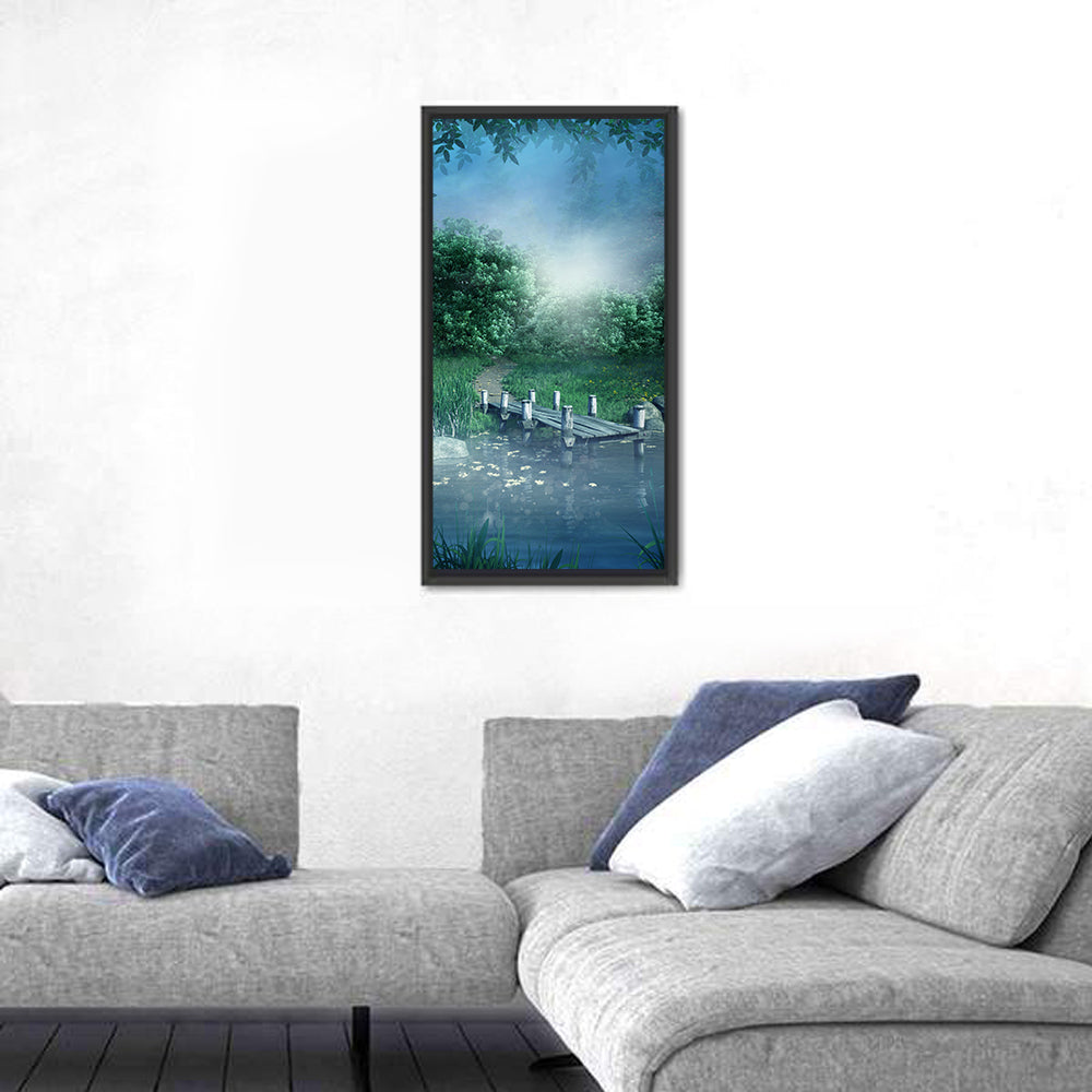 Misty Forest Lake with Wooden Bridge Wall Art in a room, portrait