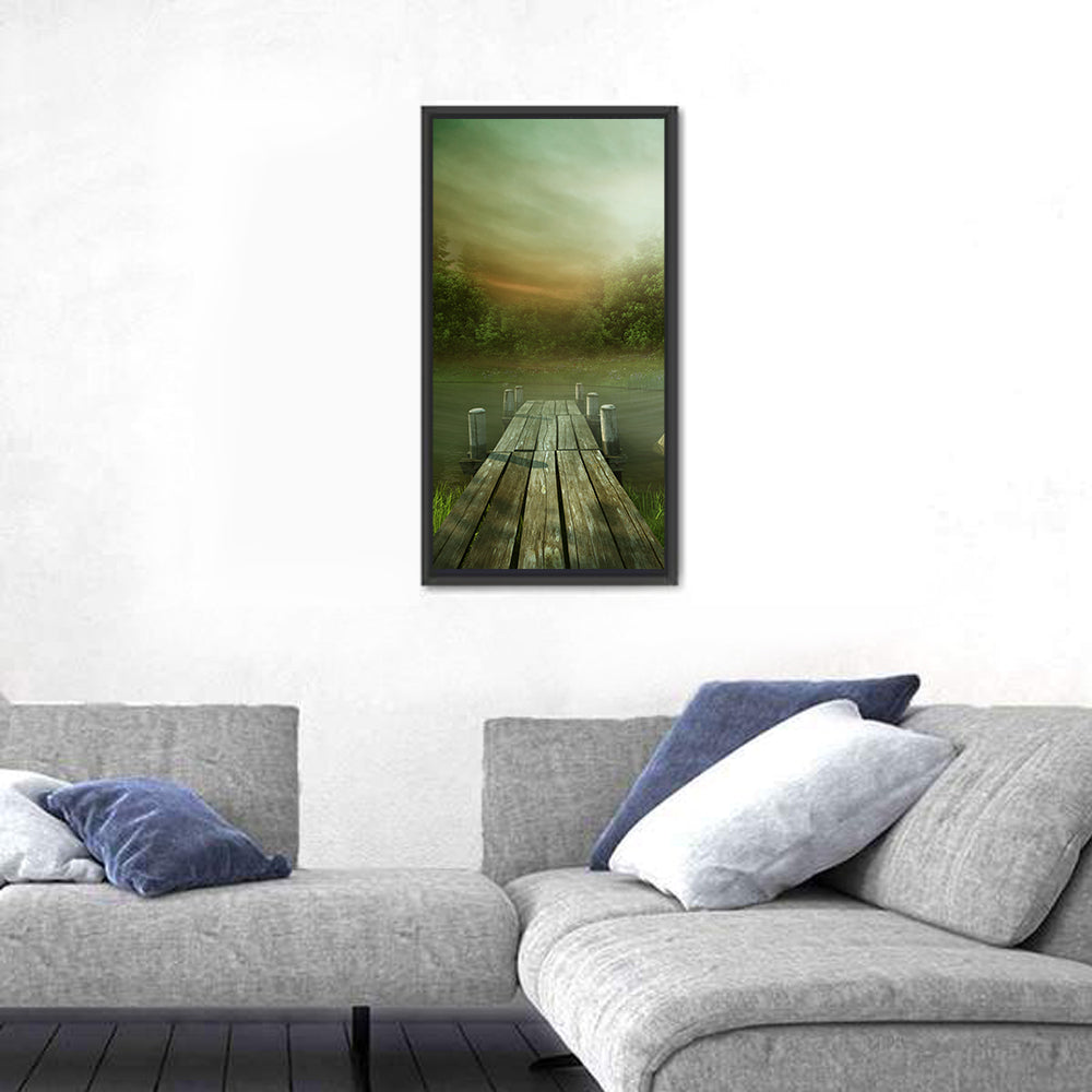 Wooden Jetty on Misty Lake Wall Art in a room, portrait