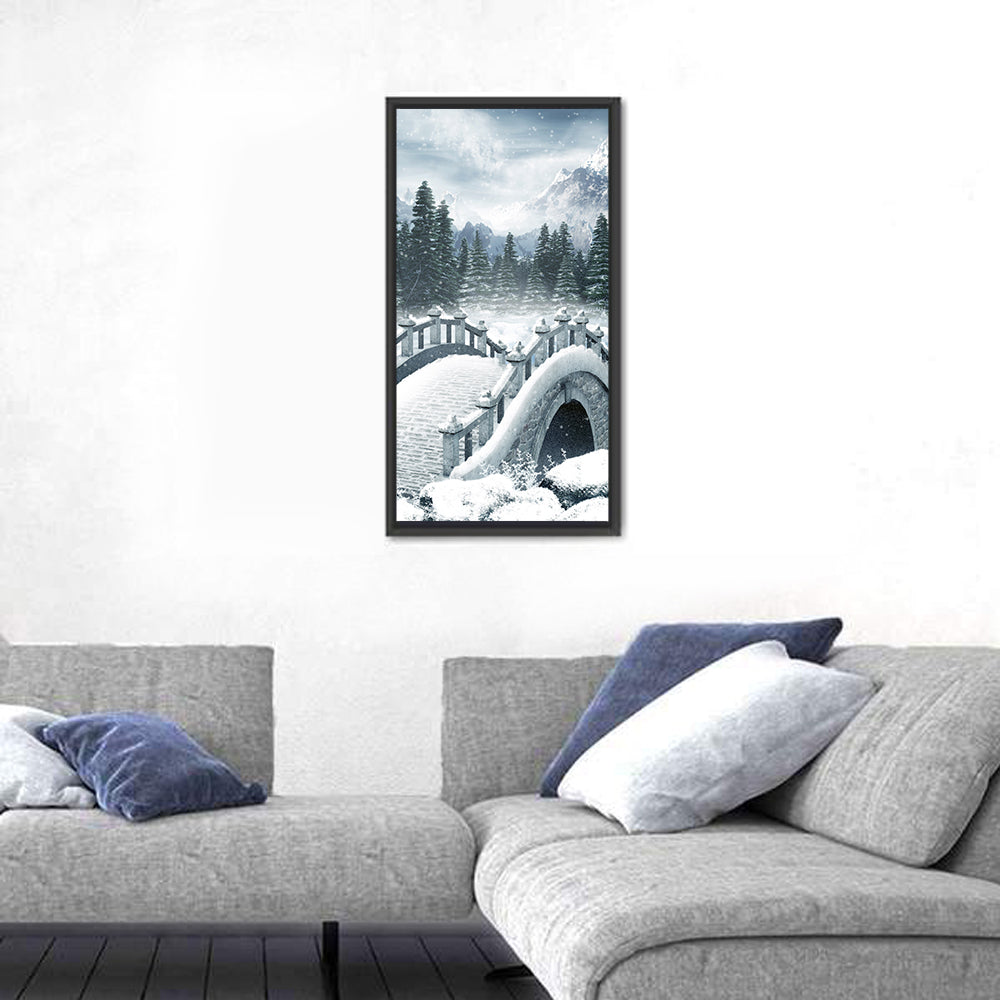 Frozen Lake with Stone Bridge Wall Art in a room, portrait