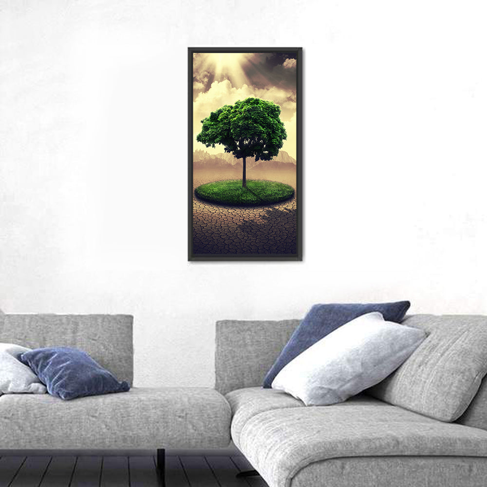 Circular Grass Oasis with Lone Tree Wall Art in a room, portrait