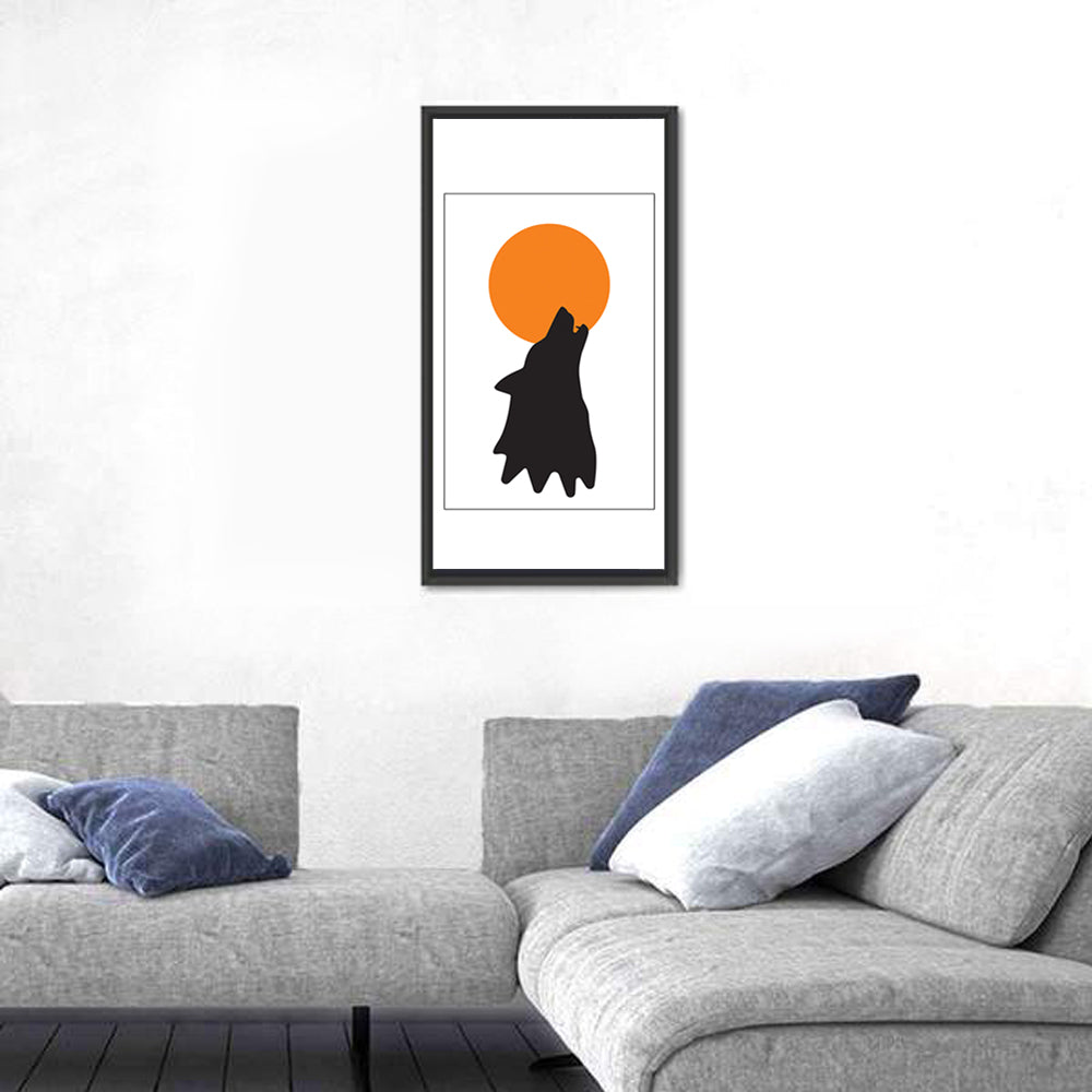 Wolf Silhouette with Orange Moon Wall Art in a room, portrait