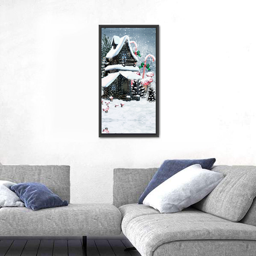 Snowbound Fairy Cottage Wall Art in a room, portrait