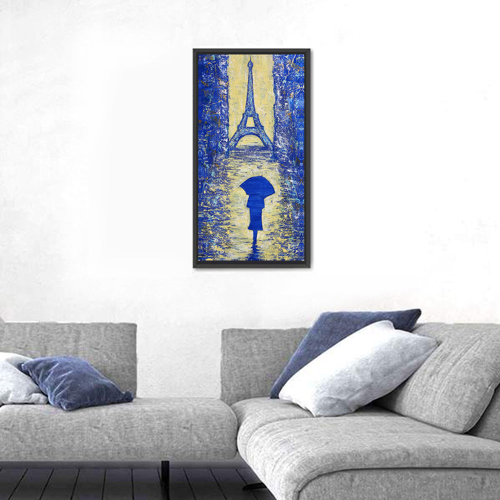 Woman Walking to the Eiffel Tower Wall Art in a room, portrait