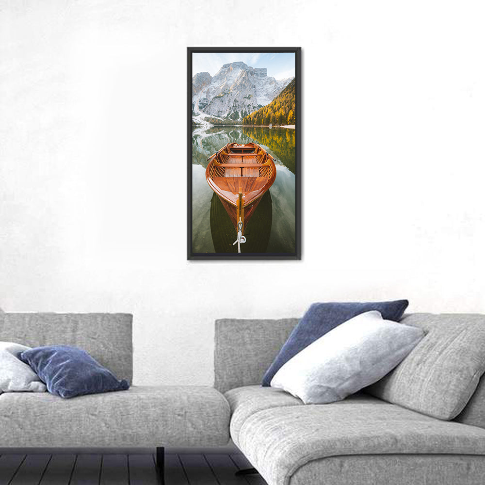 Rowboat at Lago Di Braies Wall Art in a room, portrait