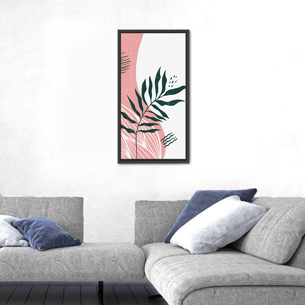 Pink Fern Boho Minimalist Wall Art in a room, portrait