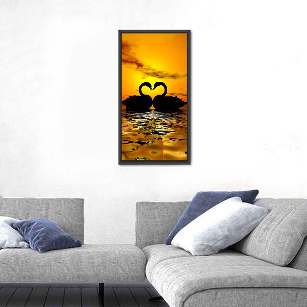 Swans Forming Heart at Sunset Wall Art in a room, portrait