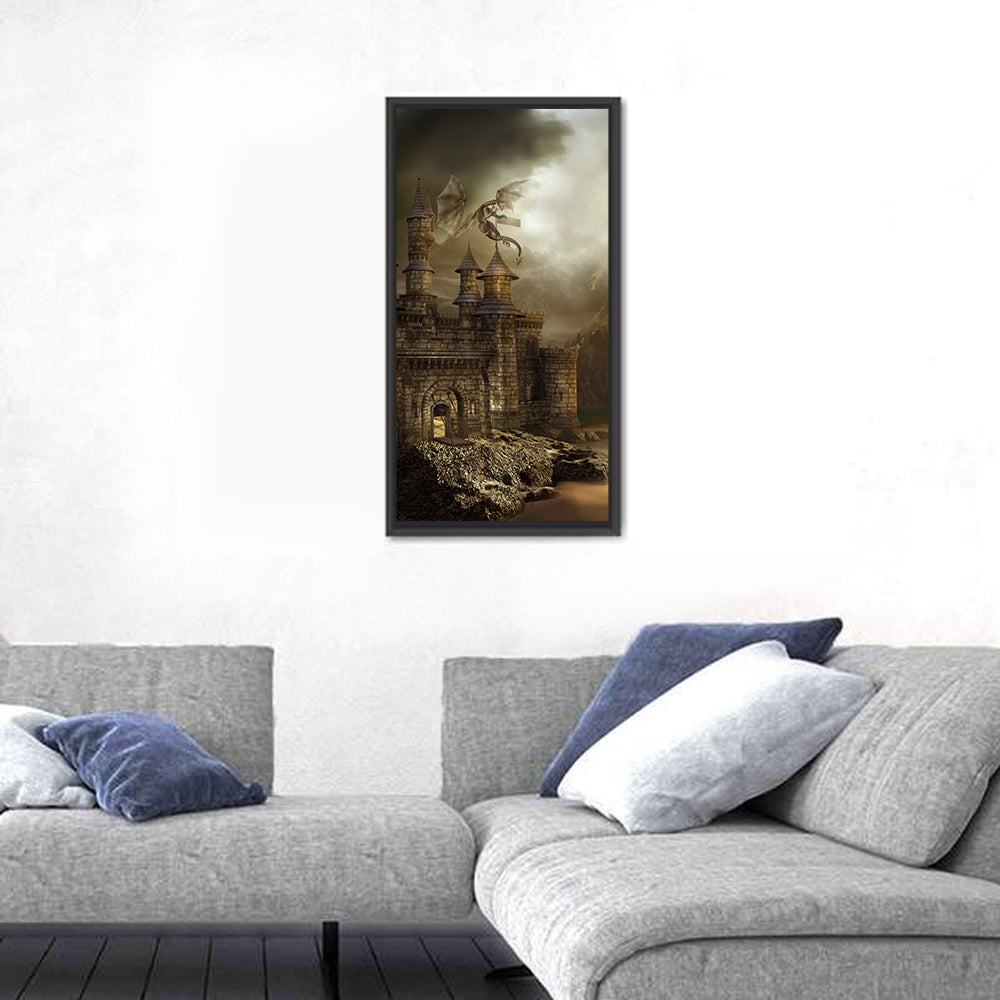 Dragon Perched on Castle Wall Art in a room, portrait