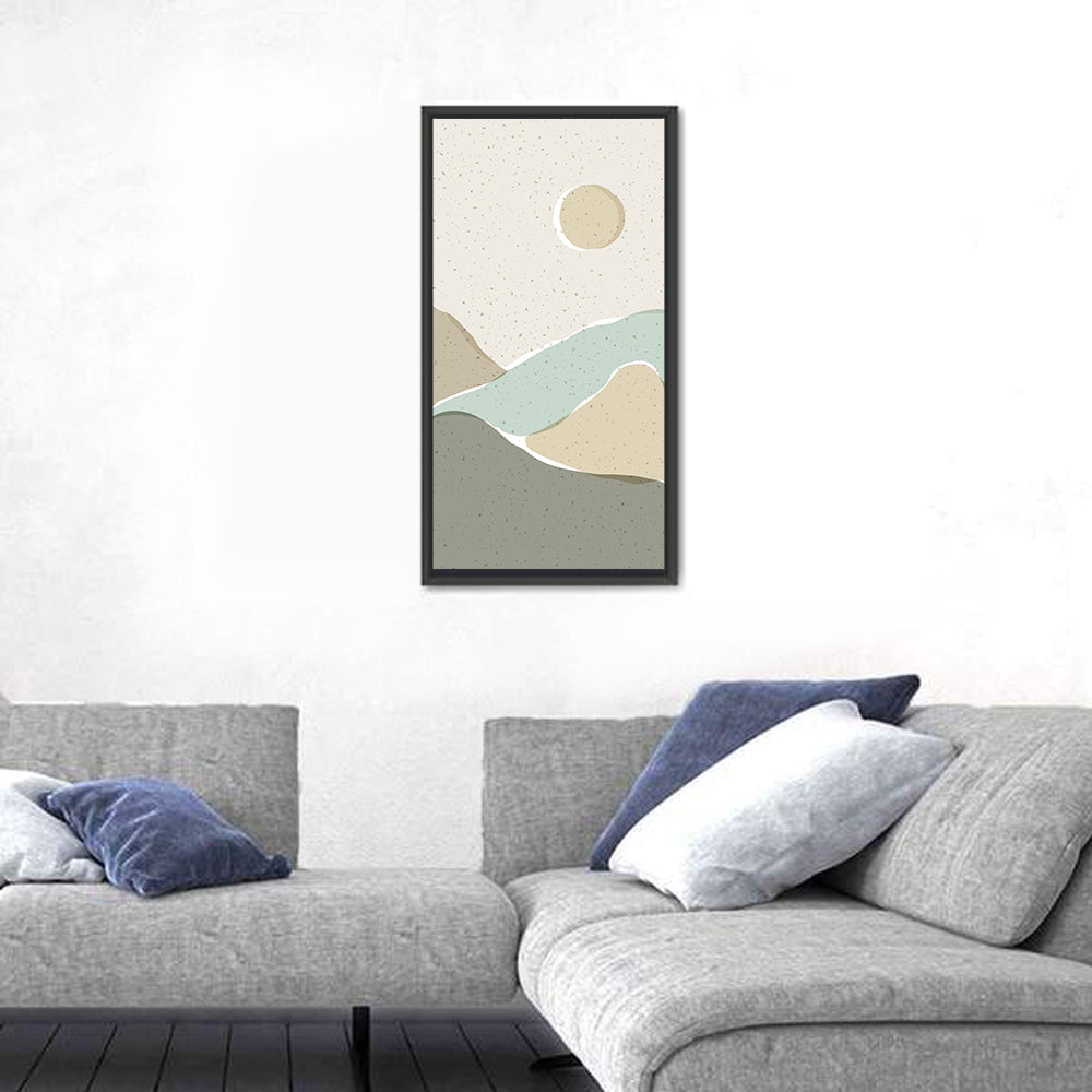 Layered Mountains and Sun Wall Art in a room, portrait
