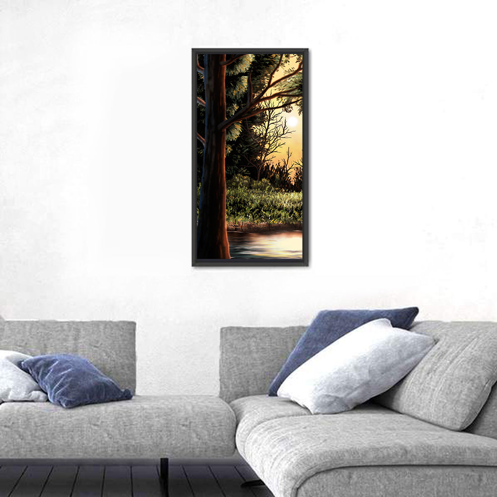 Golden Hour Lake in the Woods Wall Art in a room, portrait