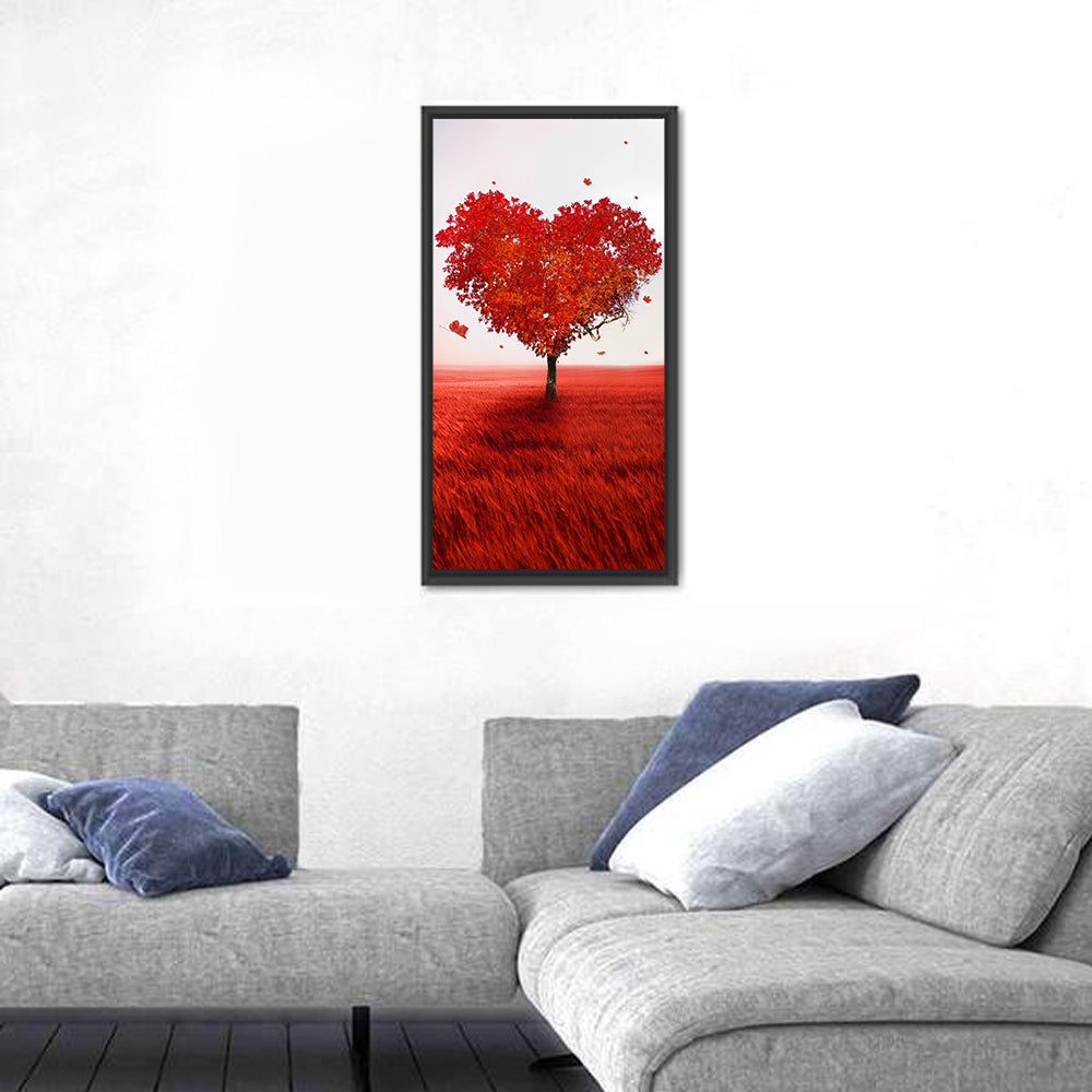 Heart-shaped Tree in Red Field Wall Art in a room, portrait