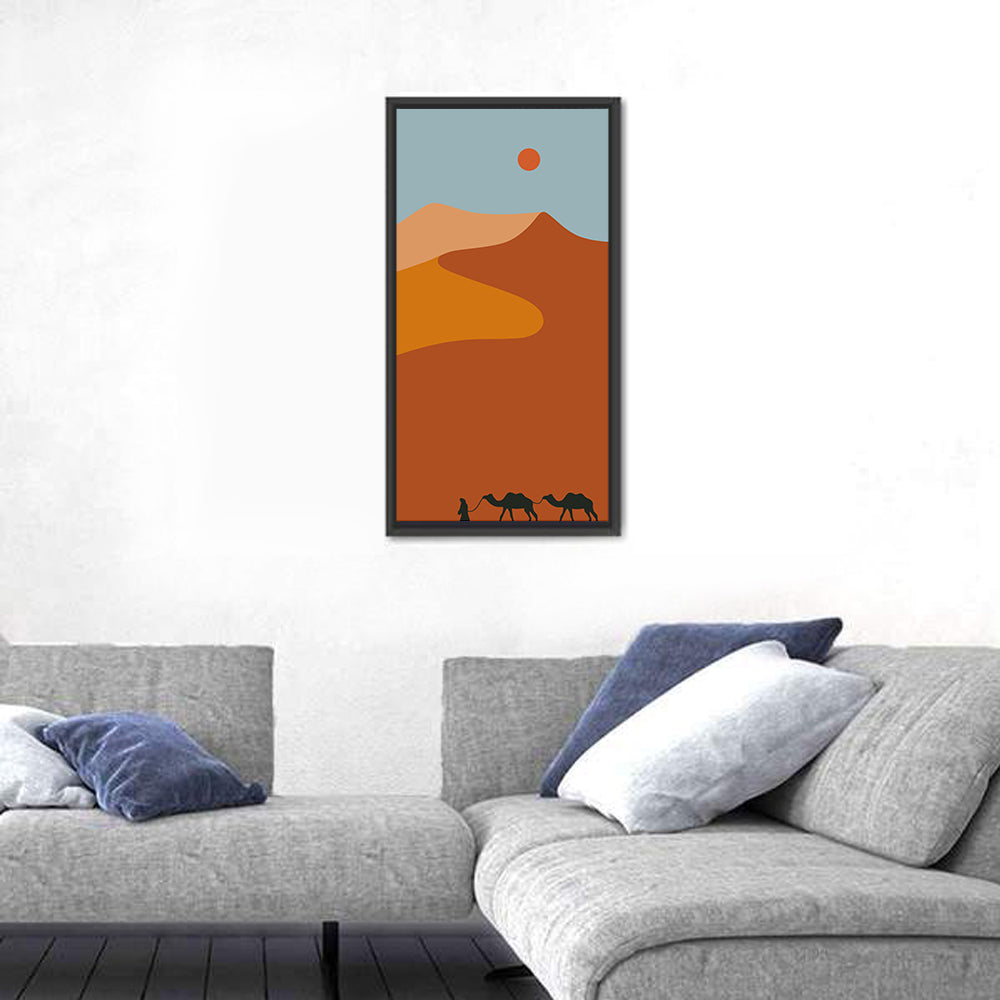 Desert Dunes with Camels Wall Art in a room, portrait