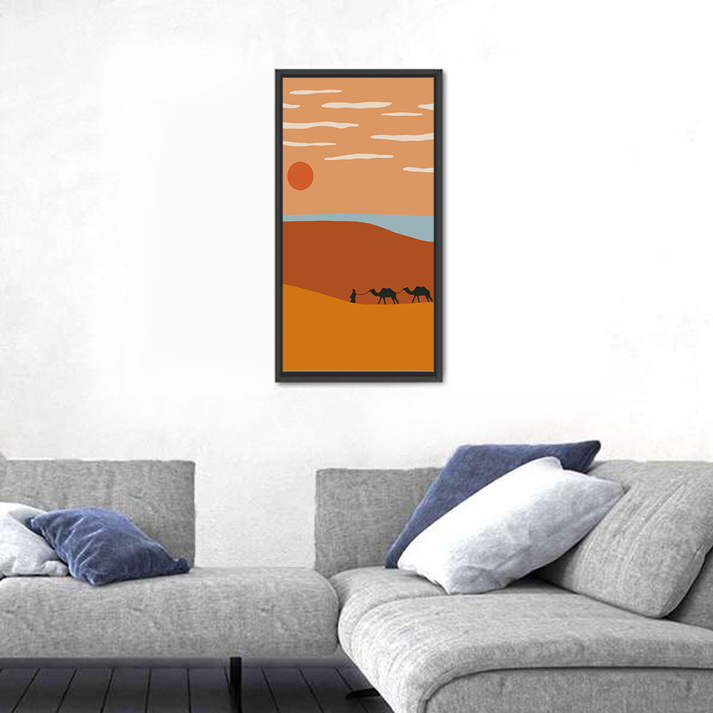 Minimalist Camel Caravan Sunset Wall Art in a room, portrait