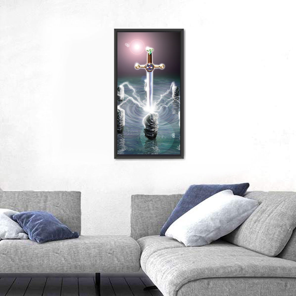 King Arthur Sword in Stone Illustration Wall Art in a room, portrait