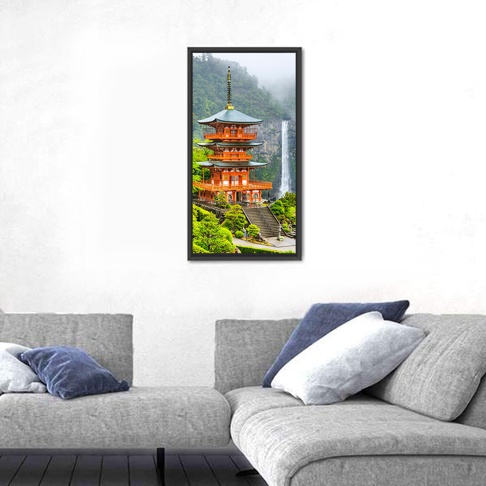 Seiganto-ji Pagoda at Nachi Falls Wall Art in a room, portrait