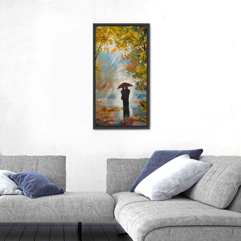 Couple in Autumn Forest Wall Art in a room, portrait