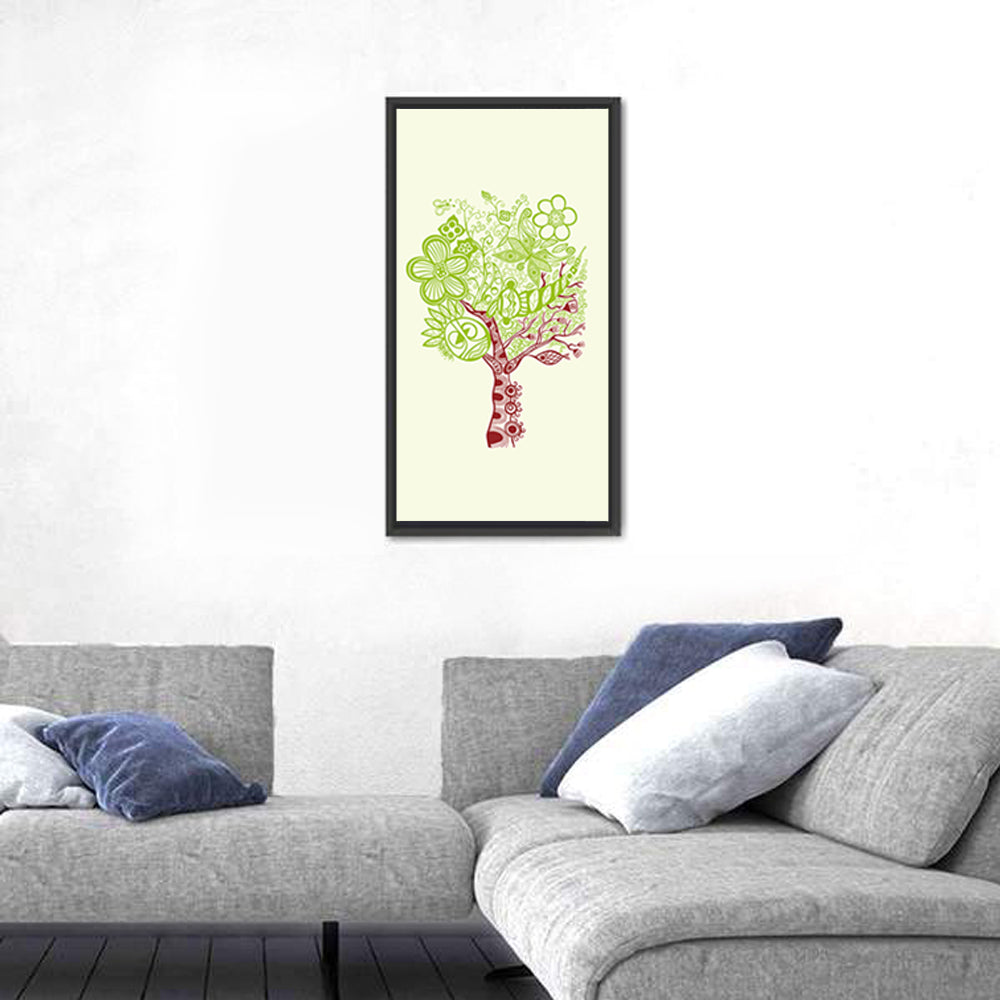 Surreal Tree with Sun Face Wall Art in a room, portrait