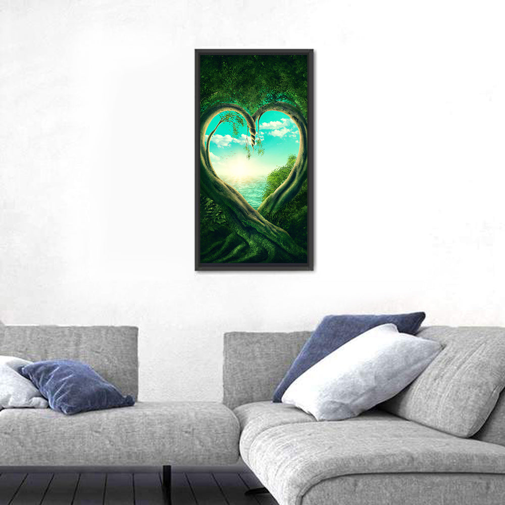 Two Trees Forming a Heart Wall Art in a room, portrait