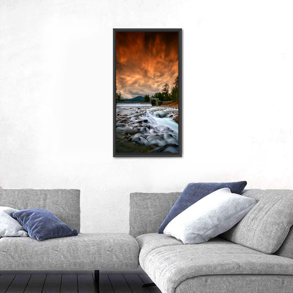 Mentawa Dam at Dusk Wall Art in a room, portrait