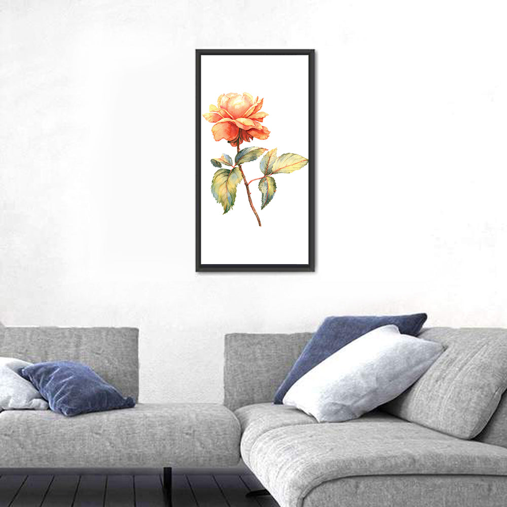 Orange Watercolor Rose Illustration Wall Art in a room, portrait