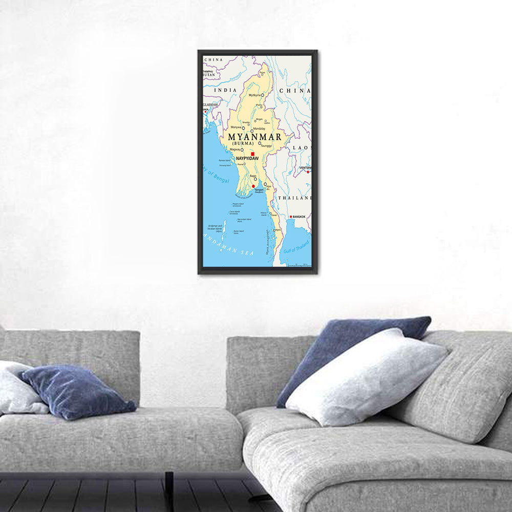 Myanmar Political Map, Blue and Yellow Wall Art