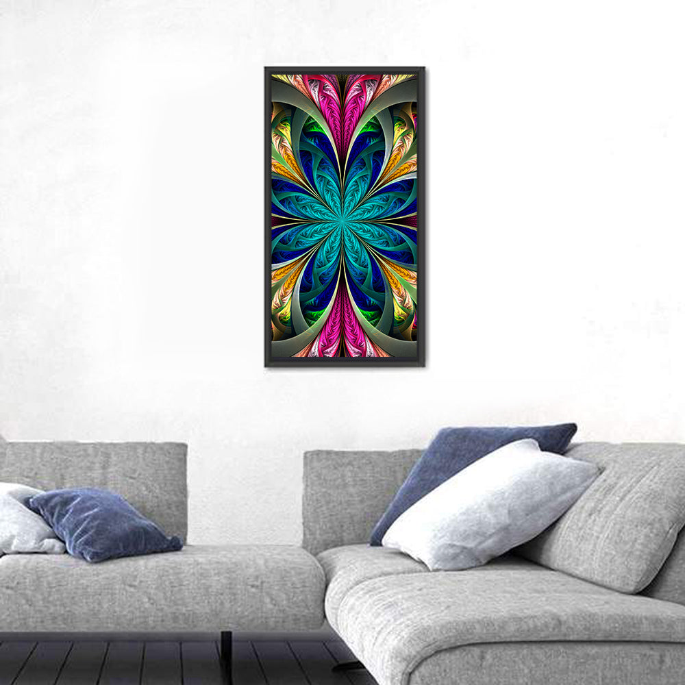 Kaleidoscope Fractal Blossom Wall Art in a room, portrait