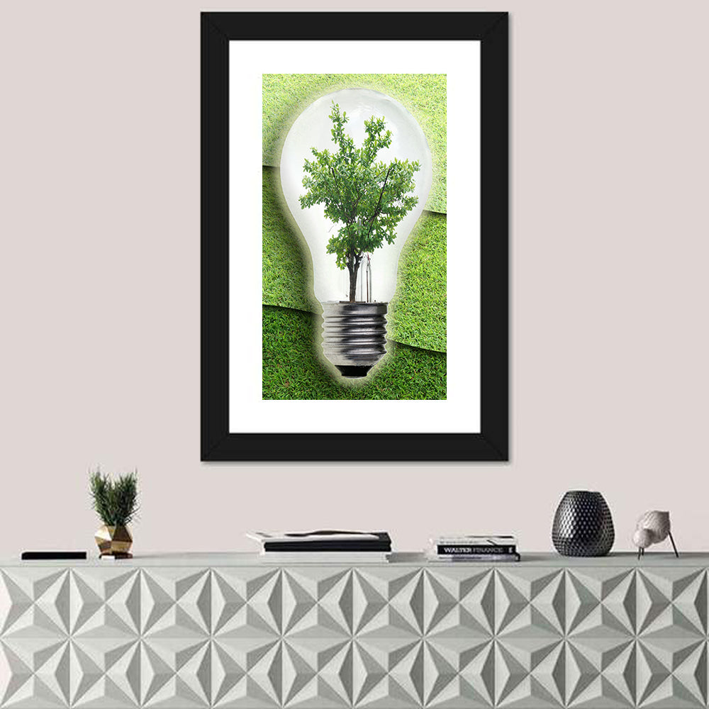Light Bulb Tree Earth Concept Wall Art in a room, portrait