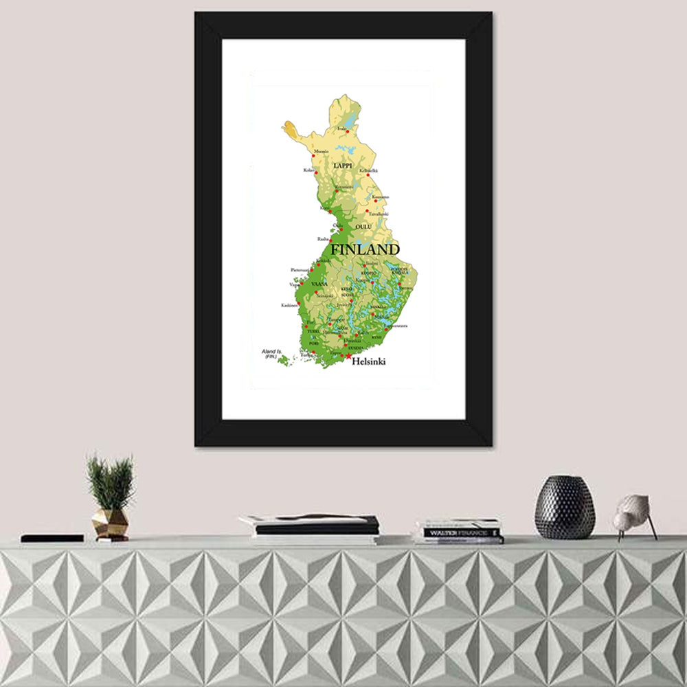 Finland Relief Map Wall Art in a room, portrait