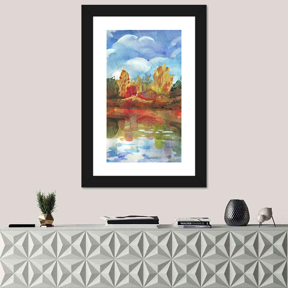 Autumn Lake Reflection Watercolor Wall Art