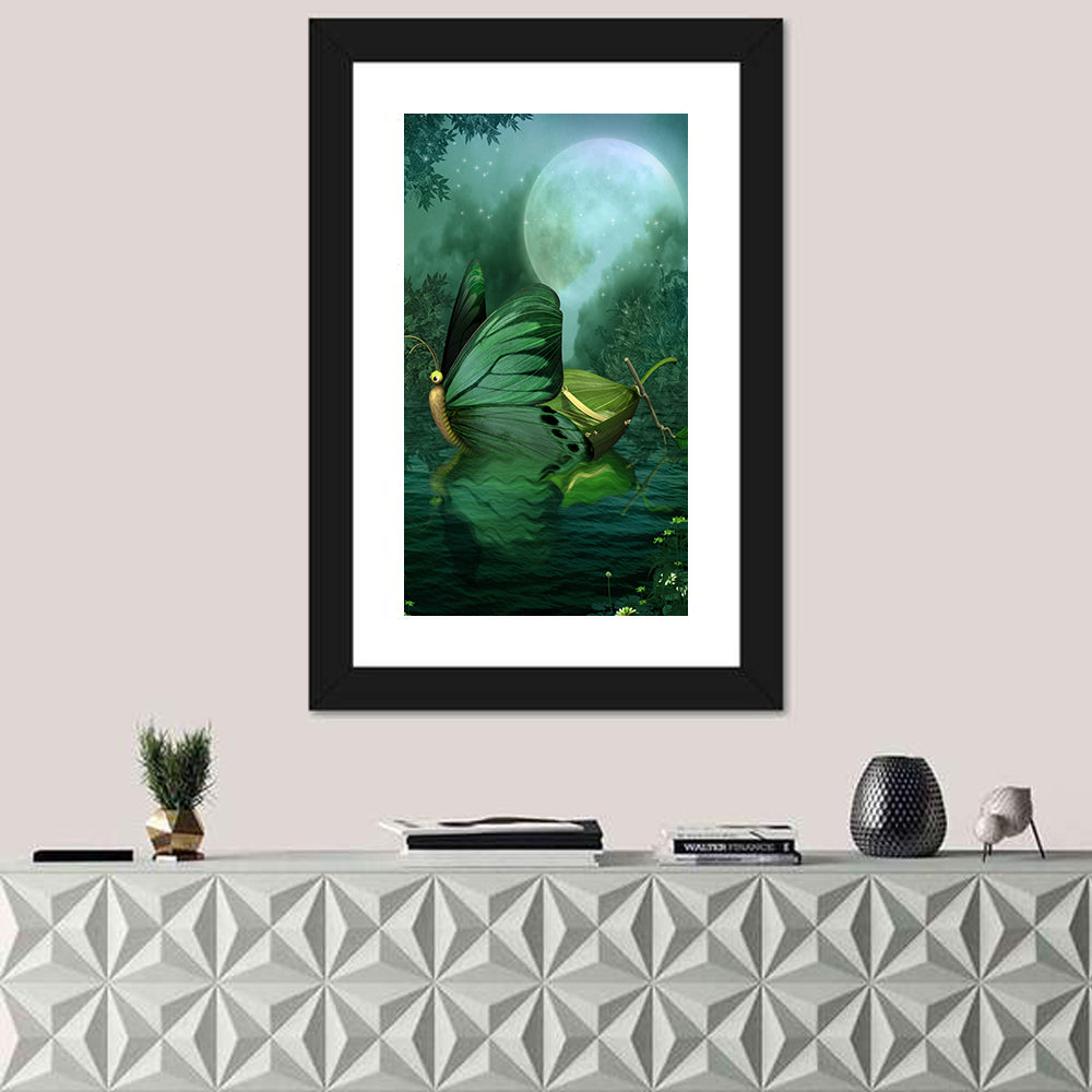 Moonlit Butterfly on Leaf Boat Wall Art in a room, portrait