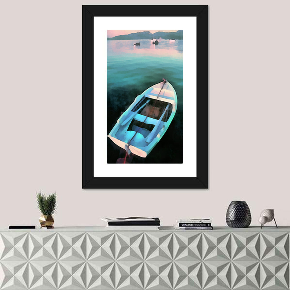 Tethered Rowboat at Dusk Wall Art in a room, portrait
