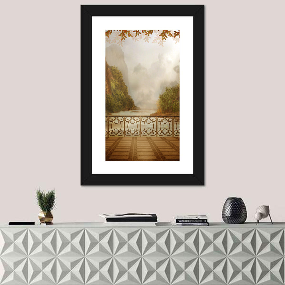 Misty Balcony Over Lake Wall Art in a room, portrait