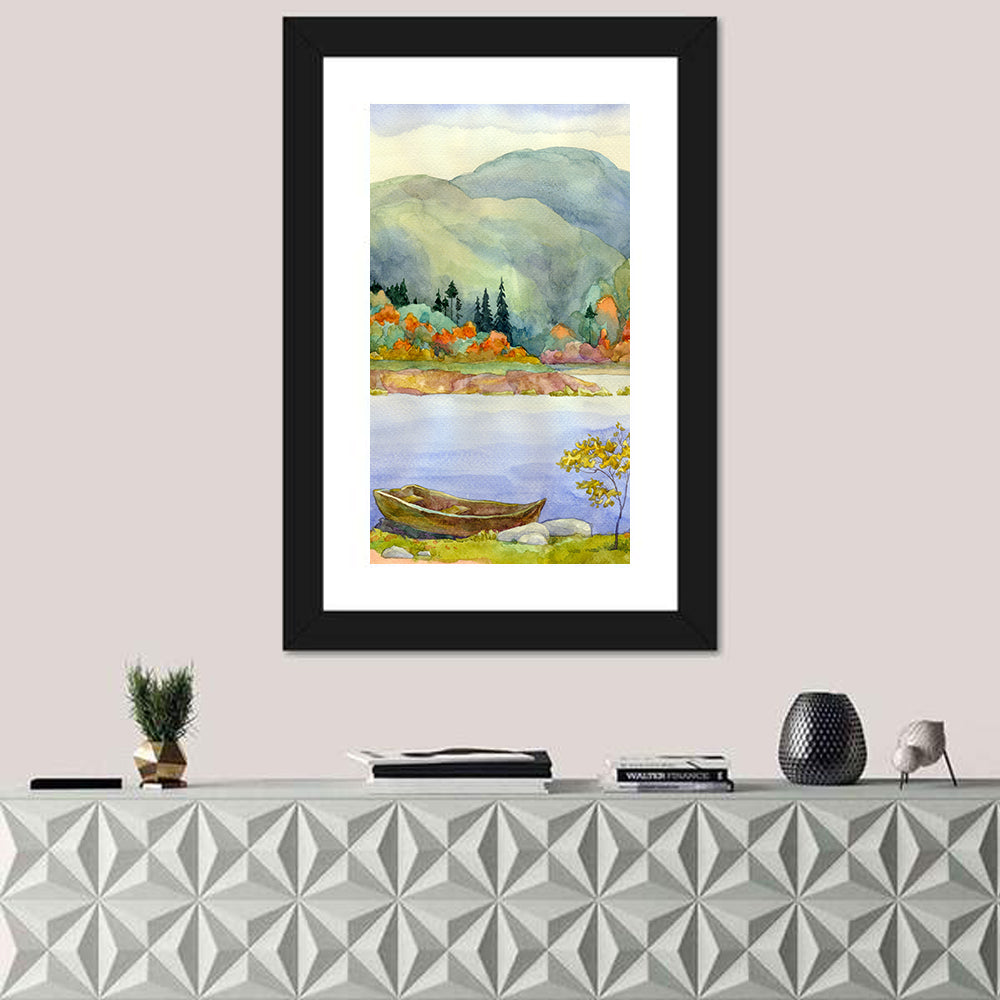 Old Rowboat on Autumn Lake Wall Art in a room, portrait