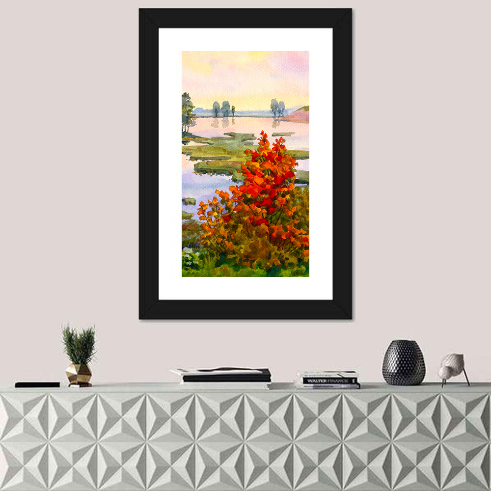 Autumn Lake Watercolor Wall Art in a room, portrait
