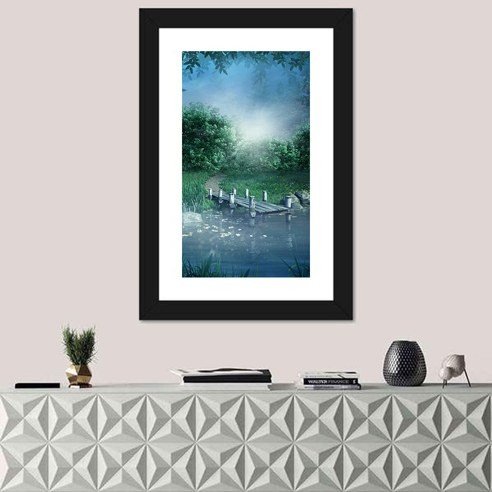 Misty Forest Lake with Wooden Bridge Wall Art in a room, portrait