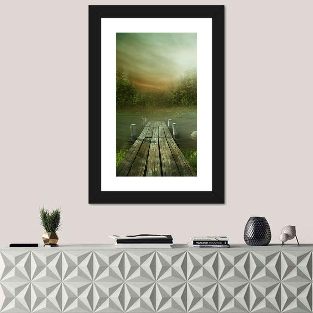 Wooden Jetty on Misty Lake Wall Art in a room, portrait