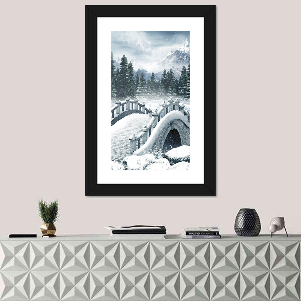 Frozen Lake with Stone Bridge Wall Art in a room, portrait