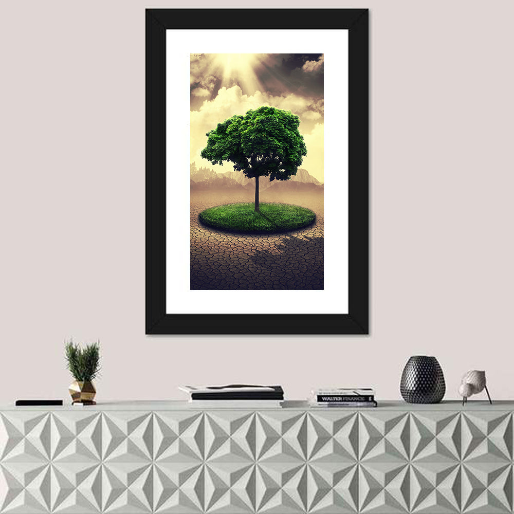 Circular Grass Oasis with Lone Tree Wall Art in a room, portrait
