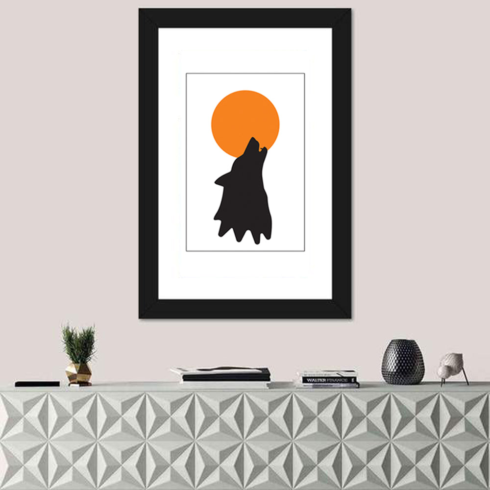 Wolf Silhouette with Orange Moon Wall Art in a room, portrait