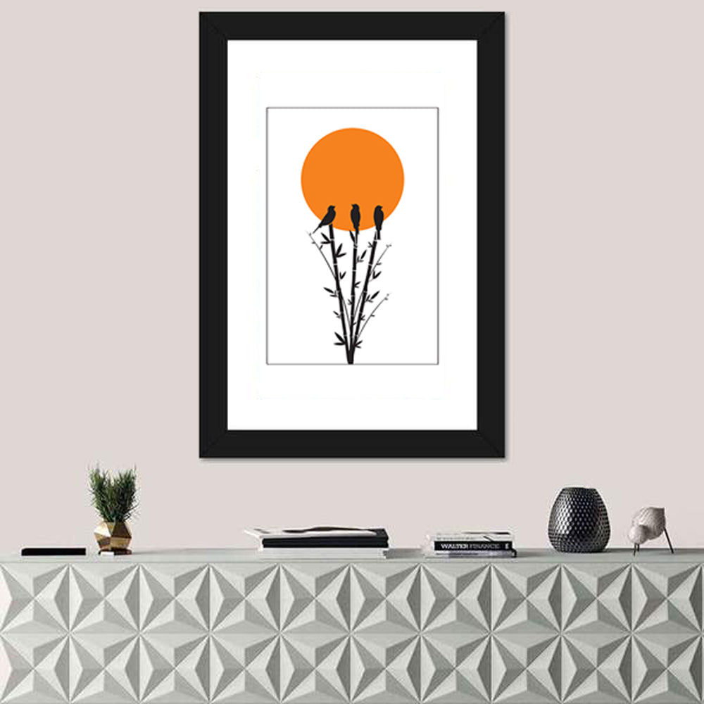 Bamboo and Birds Silhouette Wall Art in a room, portrait