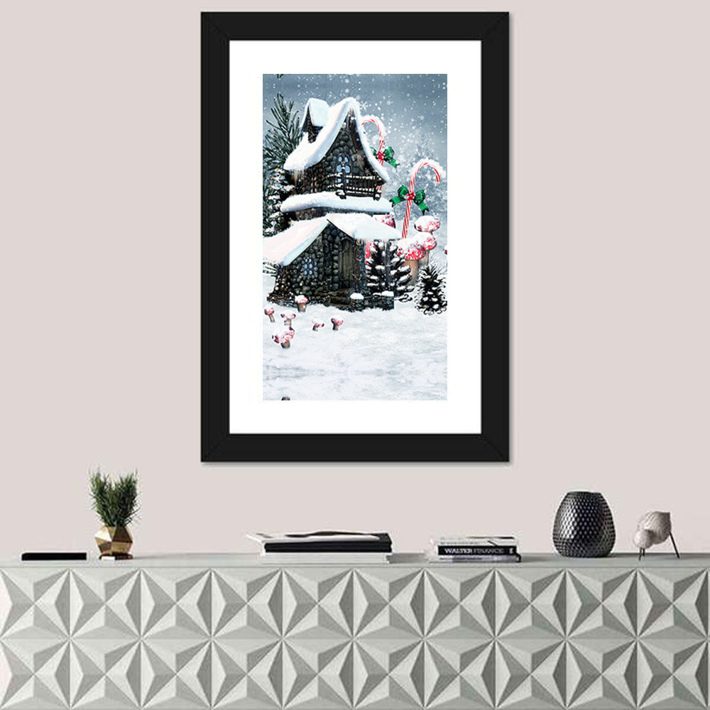 Snowbound Fairy Cottage Wall Art in a room, portrait