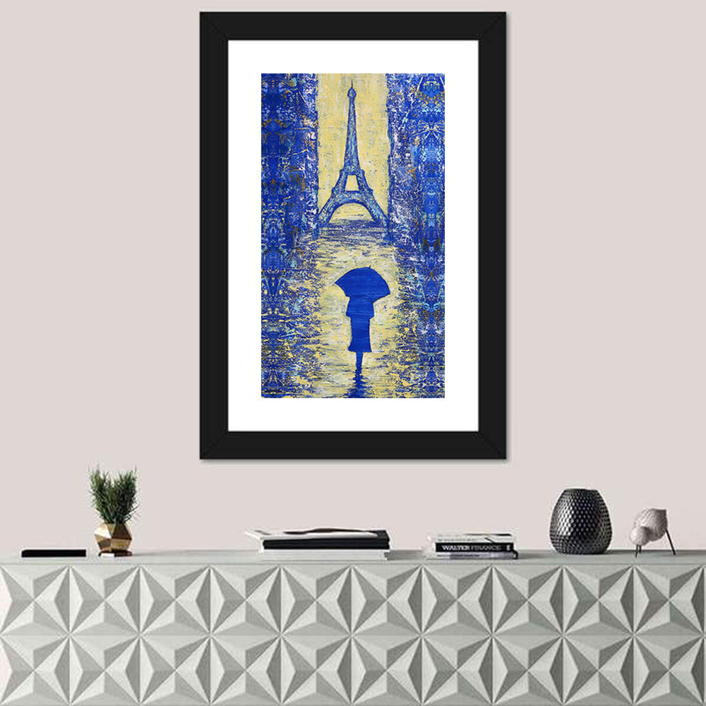 Woman Walking to the Eiffel Tower Wall Art in a room, portrait