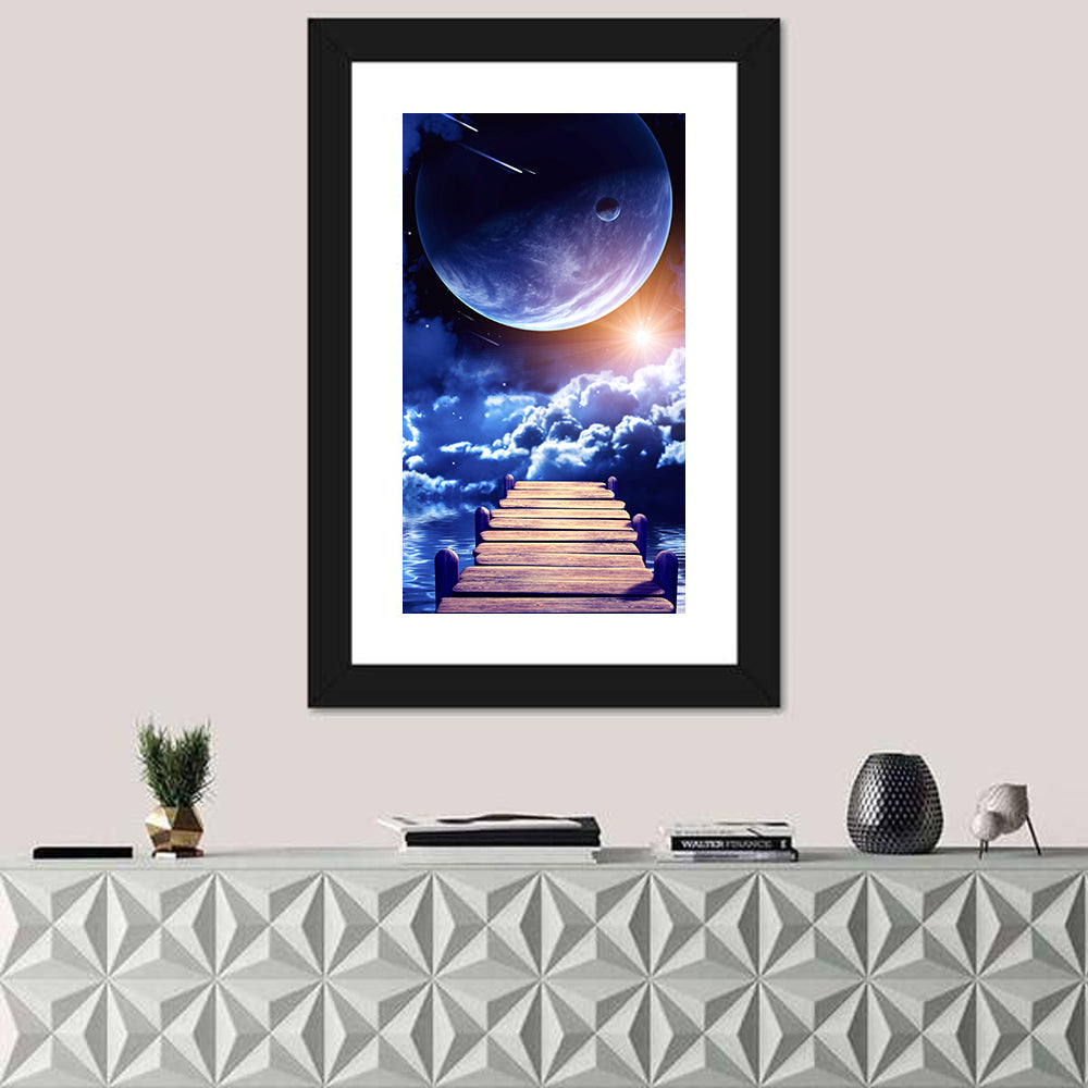 Wooden Pier Under Planetary Nebula Wall Art in a room, portrait