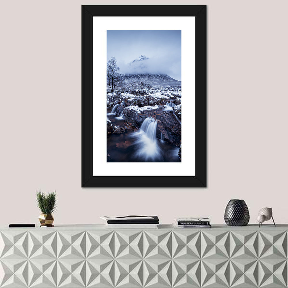 Buachaille Etive Mor Winter Mountain Wall Art in a room, portrait
